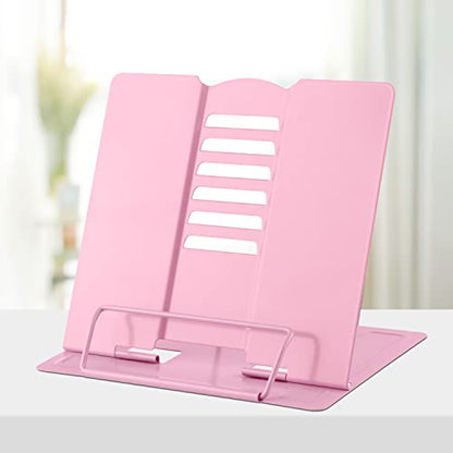 Honagu Book Stand Metal Desk Book Holder, Book Holders for Reading Hands Free, Adjustable Cookbook Documents Holder, Portable Bookstand for Music Books, Textbook, Recipe, Tablet, Ipad (Light Pink) - color: Light Pink