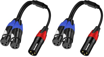 Smithok 1 Male to 2 Female XLR Y Splitter Micrphone Cable, 3 Pin XLR 2 Female to 1 Male, Combiner Y Cord Balanced Mic Audio Cables for Stero Mic to L&R Audio Track(11.8 inches/0.3m) (Pack of 2) - size: 11.8 inches/0.3m (Pack of 2)