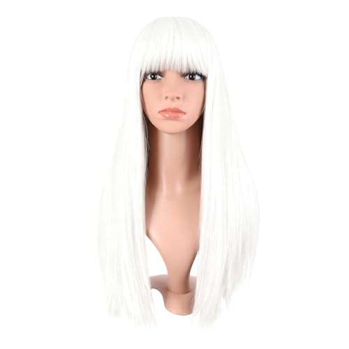 MapofBeauty 24 Inch Long Straight Flat Bangs Party Cosplay Wig, White | 60 cm Synthetic Hair Wig, Heat Resistant, Women - color: White