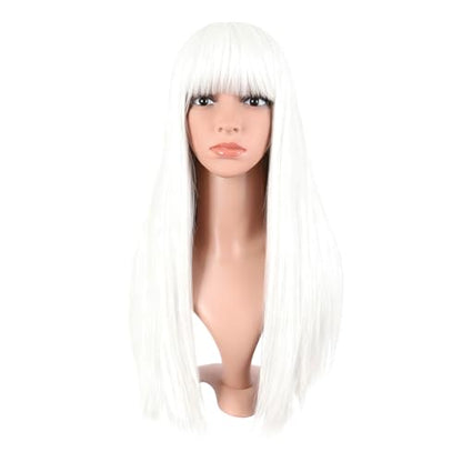 MapofBeauty 24 Inch Long Straight Flat Bangs Party Cosplay Wig, White | 60 cm Synthetic Hair Wig, Heat Resistant, Women - color: White