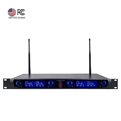 Sound Town 4 Channels Professional UHF Wireless Microphone System with Rack Mountable Metal Receiver and 4 Lavalier Mics with Bodypack Transmitters, for Church, School, Meeting, Party and Karaoke - color: Matte Black