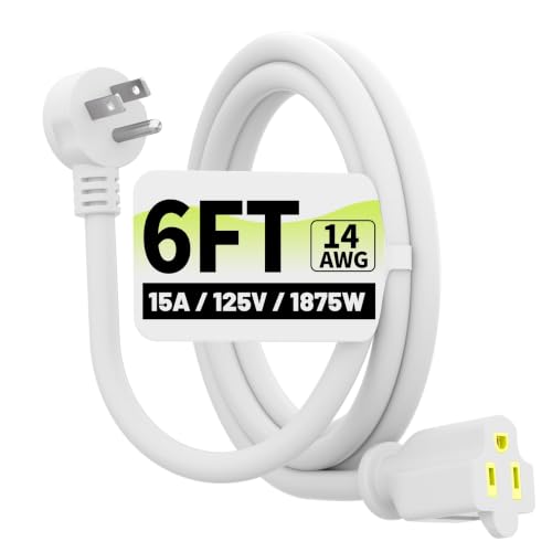 Vockjour 6 FT 14 Gauge Low Profile Flat Plug Extension Cord White - color: White, size: 6FT