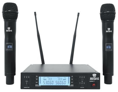 Rockville RWM-DSP-H2 Dual Handheld UHF Wireless Microphone System, DSP Control, Adjustable EQ, Delay, Feedback Filter, OLED Display, 200 Channels, 400-600 ft Range, Includes 2 Mics & Rack Mount - style: Handheld