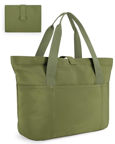 BAGSMART Tote Bag for Women, Foldable Tote Bag With Zipper Travel Shoulder Bag Handbag for Work - color: Military Green