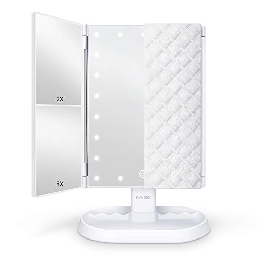 deweisn Trifold Lighted Vanity Makeup Mirror with 21 LEDs Lights,1x/2x/3x Magnification and Touch Screen Dimming,Two Power Supplies Makeup Mirror, Gift for Women - color: White