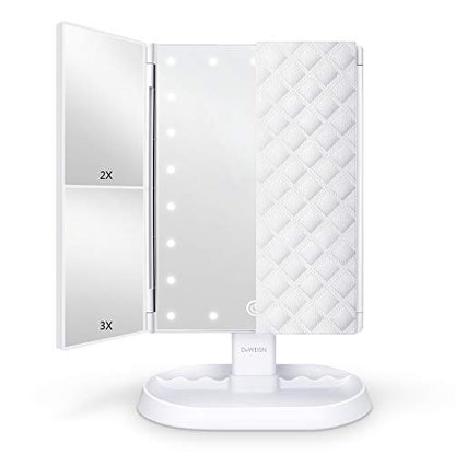 deweisn Trifold Lighted Vanity Makeup Mirror with 21 LEDs Lights,1x/2x/3x Magnification and Touch Screen Dimming,Two Power Supplies Makeup Mirror, Gift for Women - color: White