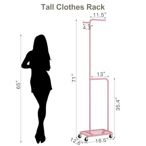 Small Rolling Clothing Rack with Shelf, Narrow Clothes Rack with Wheels | Gasvadivum 71" Tall Sturdy Metal Garment Rack with Hanging Rod, Freestanding Portable Coat Rack for Bedroom, Entryway, Pink - color: Pink