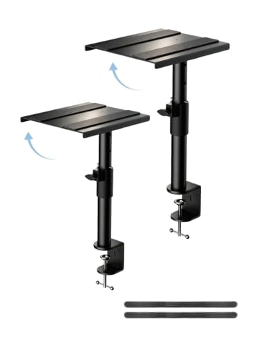 suptek Clamp-on Speaker Stand Desk Mount, Height Adjustment, Swivel, Tilt, 9.6 x 8.8 in Trays, Universal Audio Holders for Bookshelf Speakers, Elevated Sound, Against the Wall, 2 Pack, Black, SDM001KT - size: Tilt Speaker Stands Against the Wall