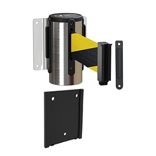 Montour Line WM115 Wall Mounted Retractable Belt Barrier with Standard Belt End, Removable Mount, Polished Stainless Steel Casing (8.5 ft Black and Yellow Diagonal Belt) - color: Black and Yellow Diagonal, size: 8.5 ft