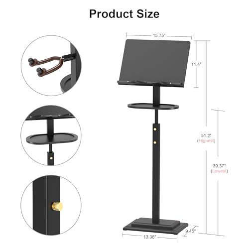 Bamboo Music Stand for Sheet Music -Folding Music Stands Height Adjustable 39.37''-51.2'' with Wide Wooden Bookplate for Conductor Lectern Guitar Violin Piano Ukulele Players (Black)