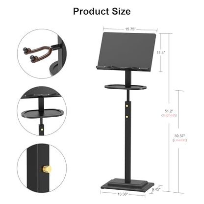 Bamboo Music Stand for Sheet Music -Folding Music Stands Height Adjustable 39.37''-51.2'' with Wide Wooden Bookplate for Conductor Lectern Guitar Violin Piano Ukulele Players (Black)