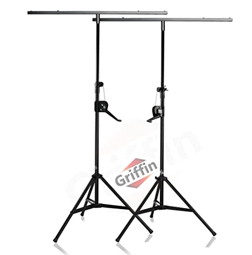 GRIFFIN DJ Light Stands (2-Pack) Stage Lighting Truss System (Hand-CrankUP Plus) – Portable Speaker Tripod Platform Rig – Adjustable Trussing Kit – T Bar Mount for Can Lights – Music Equipment Package