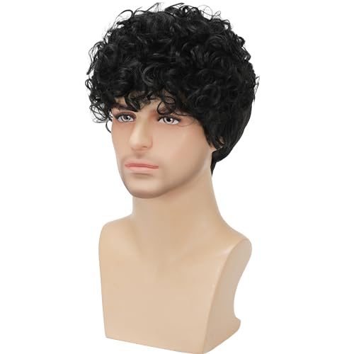 Mens Curly Wigs Black Short Wig Synthetic Heat Resistant Costume Wig Mens Daily Cosplay Party Halloween - color: C-Black