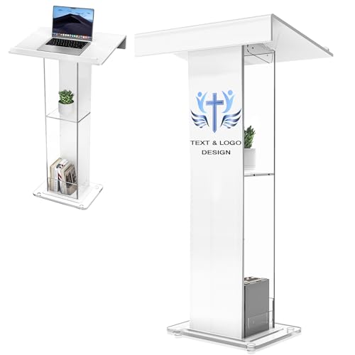 Customized Logo and Text 45.3 Acrylic Podium Lectern, Pulpit for Churches with Double Shelves, Modern Plexiglass Pulpits Lectern for Classroom, Conference, Wedding and More - size: 45.3IN Customized