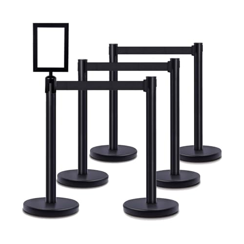 DuraSteel Crowd Control Barriers Stanchions with Retractable Belts & Sign Holder - Metal Stanchion Posts w/ 6.5ft Black Retractable Barrier Belt Ropes - Queue VIP Safety Line Dividers - Set of 6 Poles - color: Black Belt, style: Black Stanchion 6 Pcs + 1