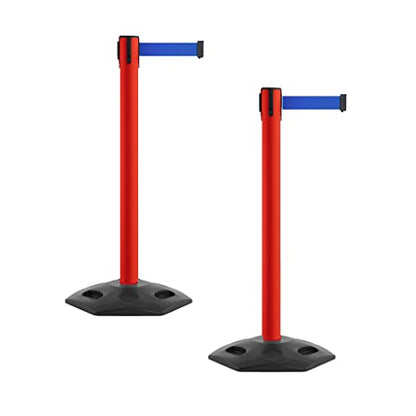 Montour Line MSR650 Set of 2 Retractable Belt Barrier Stanchion, Heavy-Duty Rubber Base, Red Steel Post (16 ft Blue Belt) - color: Blue, size: Red Steel