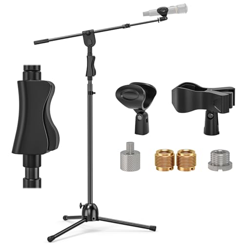 Mic Stand Floor with Boom Arm, One-Button Height Adjustable Tripod Microphone Stand, Heavy Duty Metal Mic Stand with 2 Clips 3/8" 5/8" Adapter for Singing Performance Wedding Stage Meeting Live