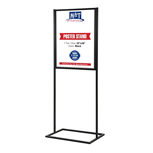M&T Displays Metal Eco Info Board Black 22x28 Inches Slide-In Poster Sign Holder 1 Tier Double Sided Floor Standing Pedestal Advertising Display with Backing and Anti-Glare PET Cover
