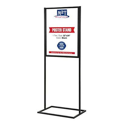 M&T Displays Metal Eco Info Board Black 22x28 Inches Slide-In Poster Sign Holder 1 Tier Double Sided Floor Standing Pedestal Advertising Display with Backing and Anti-Glare PET Cover