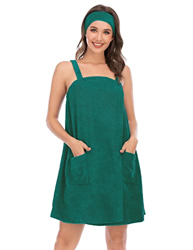 Veseacky Women Bath Wrap Towel for Womens Shower with Pocket Adjustable Spa Robe & Facial Headband - color: Army Green, size: XX-Large