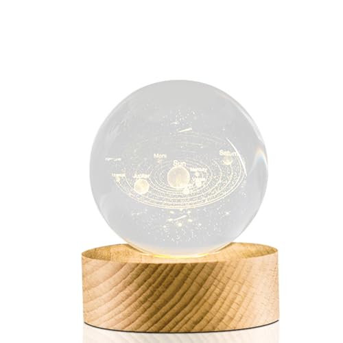 Flexzion 3D Solar System Crystal Ball Night Light - LED Light Hologram Glass Lamp with Solid Wood Base, USB Powered Crystal Ball Lamp w/Adjustable Brightness for Home Decor Display Gift,2.4inch(60mm) | Solar System Lamp with Solid Beech Wood Base and Adju