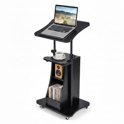 Tangkula Mobile Lectern Podium, Height Adjustable Podium Stand, Standing Sit-to-Stand Desk, Rolling Cart Laptop Desk with Swivel Top Movable Wheels & Storage - color: Black, size: 20" x 16" x 44"