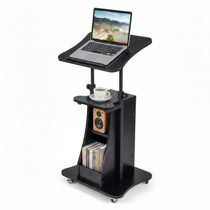 Tangkula Mobile Lectern Podium, Height Adjustable Podium Stand, Standing Sit-to-Stand Desk, Rolling Cart Laptop Desk with Swivel Top Movable Wheels & Storage - color: Black, size: 20" x 16" x 44"