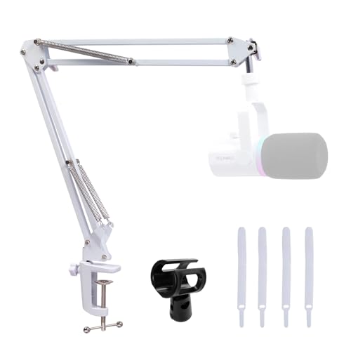 FEELWORLD AMS1 Microphone Boom Arm Adjustable Stand with 3/8” to 5/8” Screw | Compatible with PM1 and other Mics for Podcast Straming Gaming Studio, White - color: White