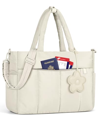 RAINSMORE Laptop Tote Bag for Women Puffer Work Bag Quilted Travel Bags - color: Beige