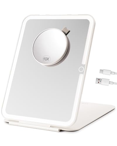 Rechargeable 2000mAh Lighted Makeup Mirror with 10X Magnifying Mirror, 10x7 Large Travel Mirror with Light, Portable Folding Light up Mirror with 3 Color Lights Dimmable, LED Desk Mirror