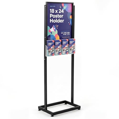 Zonon 18" x 24" Metal Poster Sign Holder Floor Stand with 4 Pocket Acrylic Brochure Holder 4x9 Floor Standing Double Side Slide in Heavy Duty 63" H Non Slip for Display Outdoor Indoor Store (Black) - color: Black, size: 18" x 24"