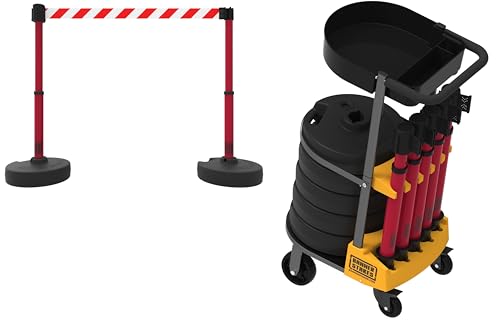 PL4014T Plus 75 ft Belt Barrier w/Cart Package & Tray | Mobile System, 5 Telescoping Stanchions, 15 ft Red/White "Red/White Diagonal Stripe" Retractable Banners, Accessory Tray - style: Red/White Diagonal Stripe
