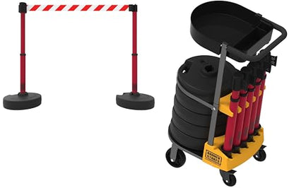 PL4014T Plus 75 ft Belt Barrier w/Cart Package & Tray | Mobile System, 5 Telescoping Stanchions, 15 ft Red/White "Red/White Diagonal Stripe" Retractable Banners, Accessory Tray - style: Red/White Diagonal Stripe