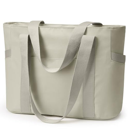 WLLWOO Large Tote Bag, 14” Laptop Work Travel Bag with Trolley Sleeve | Multi Pocket Water Splash Zipper Shoulder Handbag for Women Daily Nurse Gym Commute - color: Greyish Brown