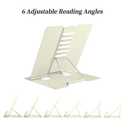 MSDADA Book Stand Metal Reading Rest Book Holder Adjustable Cookbook Holder | Documents Holder Portable Bookstands for Recipes Textbooks Tablet Music Books with Page Clips Gifts for Girls (Milky White) - color: Milky White