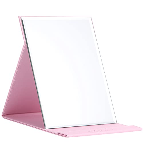 DUcare Folding Table Mirror 6x8 Inch - Portable Desk & Travel Mirror with PU Leather Cover, Adjustable Stand for Makeup, Shaving, Crafting, Pink - color: Pink