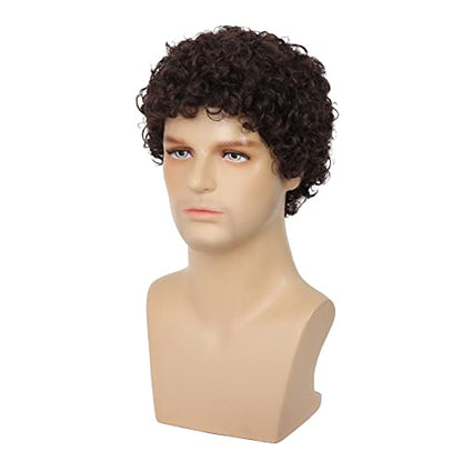 Swiking Mens Brown Afro Curly Wig Rocker Wig Dark Brown Short Hair Replacement Wigs Cosplay Daily Costume Wigs for Male Guy(Dark Brown) - color: Dark Brown