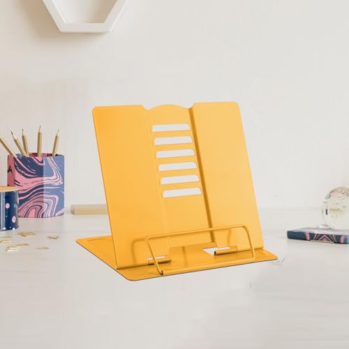 MSDADA Small Desk Book Stand Metal Reading Rest Book Holder Adjustable Cookbook Documents Holder Portable Sturdy Bookstands for Recipes Textbooks Tablet Music Books(Yellow) - color: Yellow