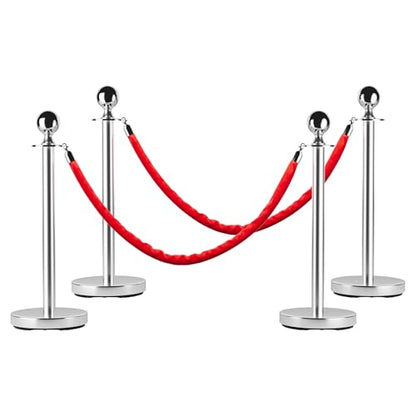 Stainless Steel Stanchion Post Queue,5 ft Red Velvet Rope Red Carpet Ropes and Poles Crowd Control Barriers,Sand Injection Hollow Base and Velvet Ropes Set for Party Supplies,4 PCS