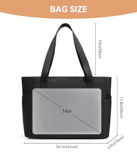 WLLWOO Large Tote Bag, 14” Laptop Work Travel Bag with Trolley Sleeve | Multi Pocket Water Splash Zipper Shoulder Handbag for Women Daily Nurse Gym Commute - color: Black