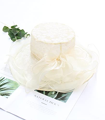 Women Derby Fascinator Hat Organza Church Wedding Hats Wide Brim Cocktail Tea Party Hat - color: 06 Beige