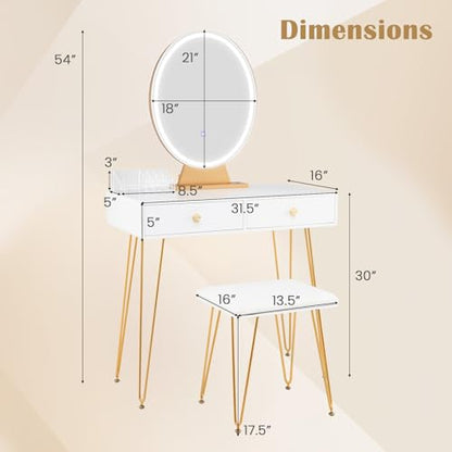 CHARMAID Makeup Vanity Table with Lighted Mirror, Vanity Desk with 2 Large Drawers, Adjustable 3 Lighting Modes, Modern Girls Bedroom Vanity Table with Chair for Small Spaces, White & Gold - color: White, style: 2 Drawers & Acrylic Storage Box