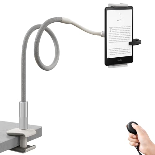 SAIJI 39.3" Gooseneck Kindle Holder with Long Battery Remote Page Turner | Leather iPad Holde With Flexible Lazy Arm, Whisper-Quiet Page Turns, Kindle holder For Reading In Bed,Fits 4.7-11"Screen - color: Grey
