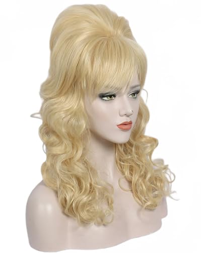 Linfairy Long Wavy Blonde Mixed Wig Big Bouffant Beehive Wigs for Women fits 50s 80s Costume - color: Blonde Mixed