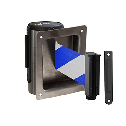 Montour Line WM115 Wall Mounted Retractable Belt Barrier with Standard Belt End, Recessed Mount, Polished Stainless Steel Casing (8.5 ft Blue and White Diagonal Belt) - color: Blue and White Diagonal, size: 8.5 ft