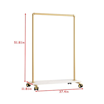 Gold Metal Clothing Rack with Wood Shelf, Heavy Duty Rolling Garment Rack with Wheels for Bedroom Retail Boutique Use (37.4L inches) - style: single-small