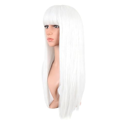 MapofBeauty 24 Inch Long Straight Flat Bangs Party Cosplay Wig, White | 60 cm Synthetic Hair Wig, Heat Resistant, Women - color: White