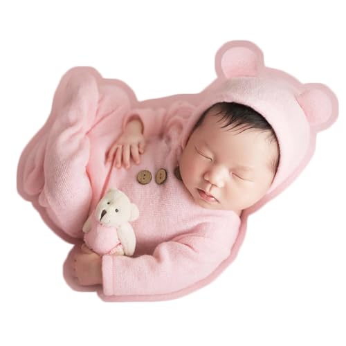 Zeroest Newborn Photography Bear Outfit Baby Photoshoot Props | New Born Boy Girl Hat Clothes Set, Infant Photo Prop Outfits - color: Pink