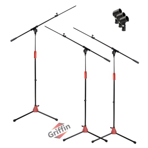 GRIFFIN 3 Pack Mic Boom Stands (StageLOCK Series) – Telescoping Arms, Tripod Base, Microphone Clips – Ideal for Studio Recording, Live Karaoke - size: 3 Pack