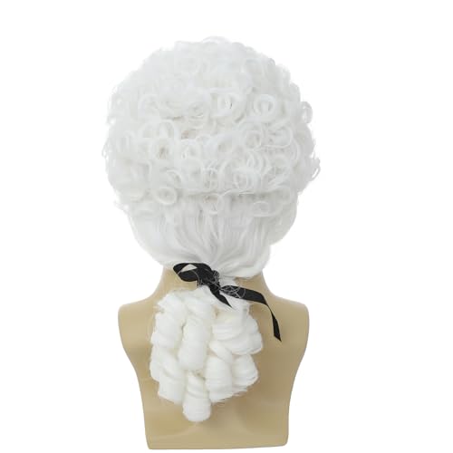ByouByou Colonial Wig, Curly Lawyer Wig with Black Ribbon, Synthetic Hair Wig, Ideal for Halloween Costumes, Historical Cosplay & Themed Partiesy (white) - color: Male-White